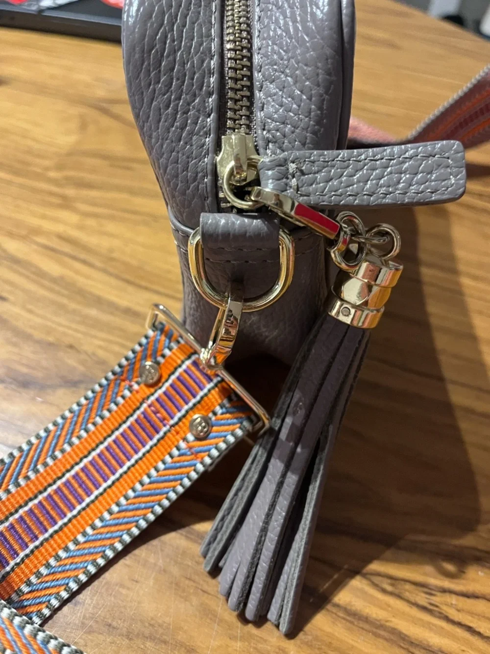 Grey Genuine Leather Crossbody Bag, orange strap, made in Italy, Elie Beaumont - Picture 9 of 9